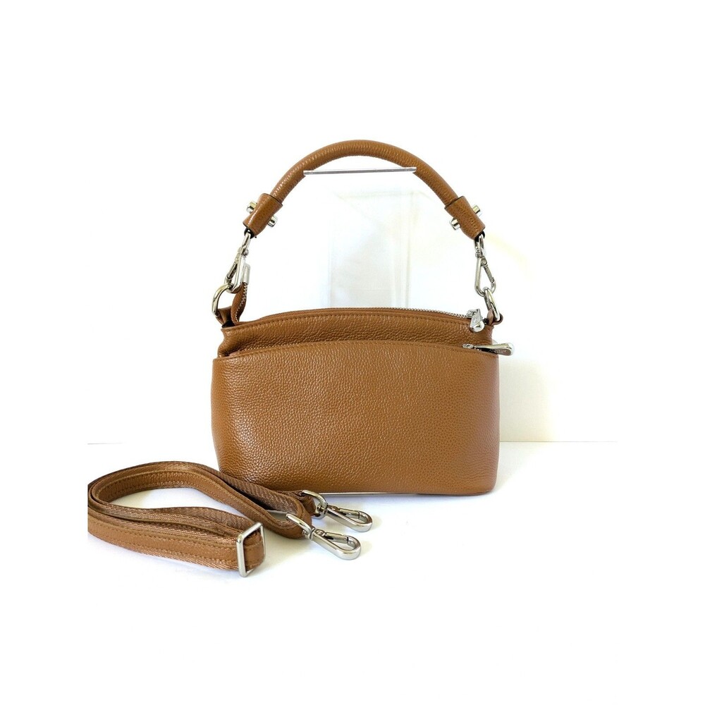 S-ZONE Genuine Leather Triple Compartment Crossbody Satchel Brown Bag